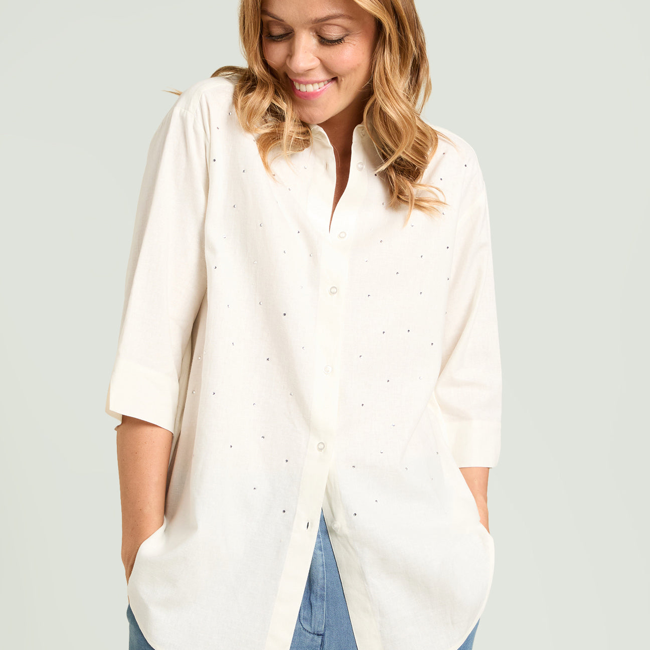 CAMICIA IN LINO VISCOSA CON PUNTI LUCE