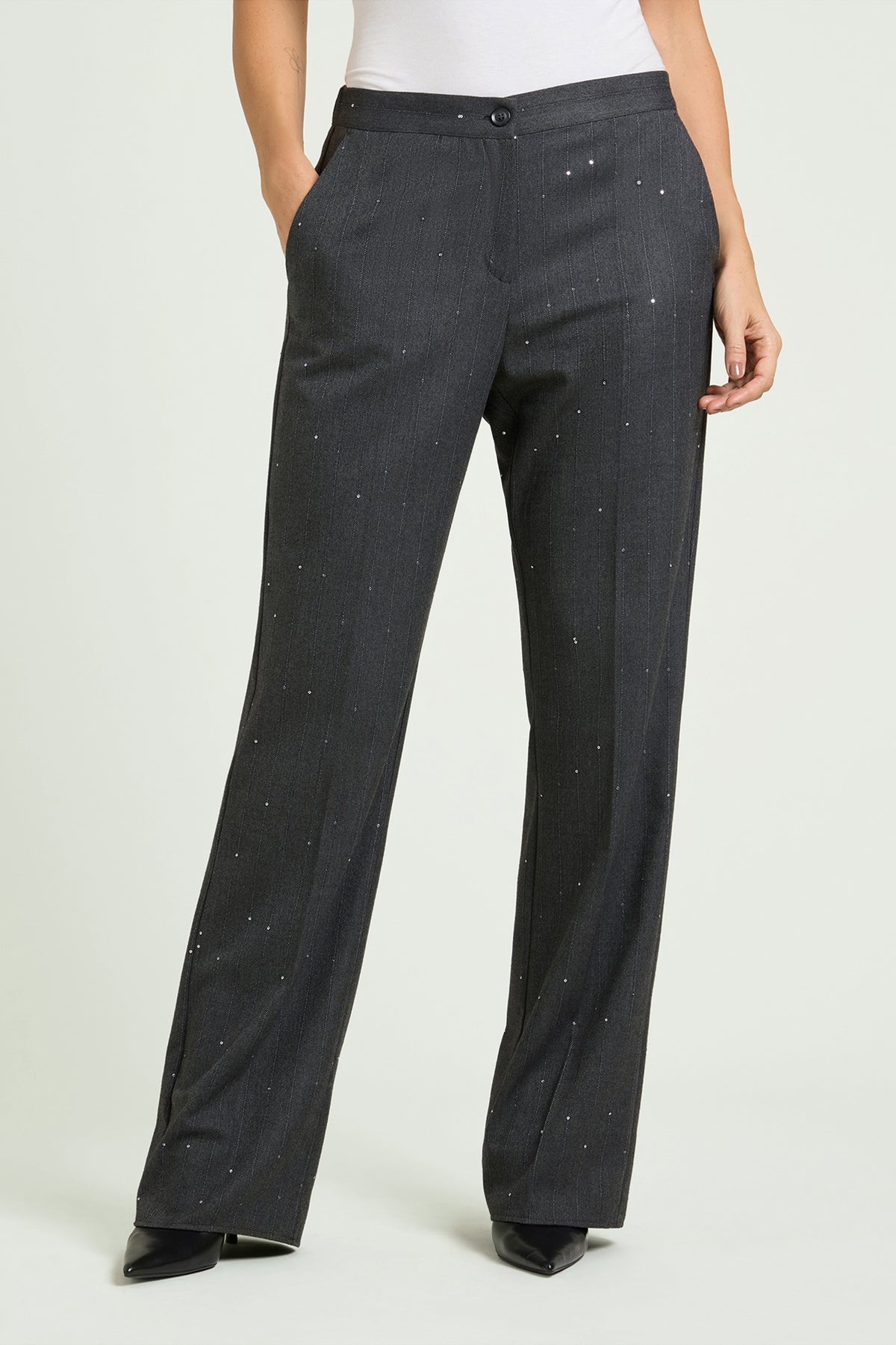 PANTALONI IN SAGLIA GESSATA RICAMATA