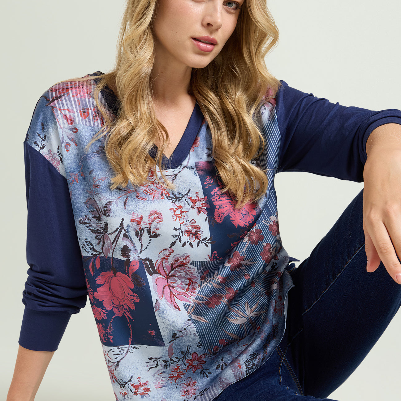 BLUSA IN JERSEY E SATIN STAMPATO