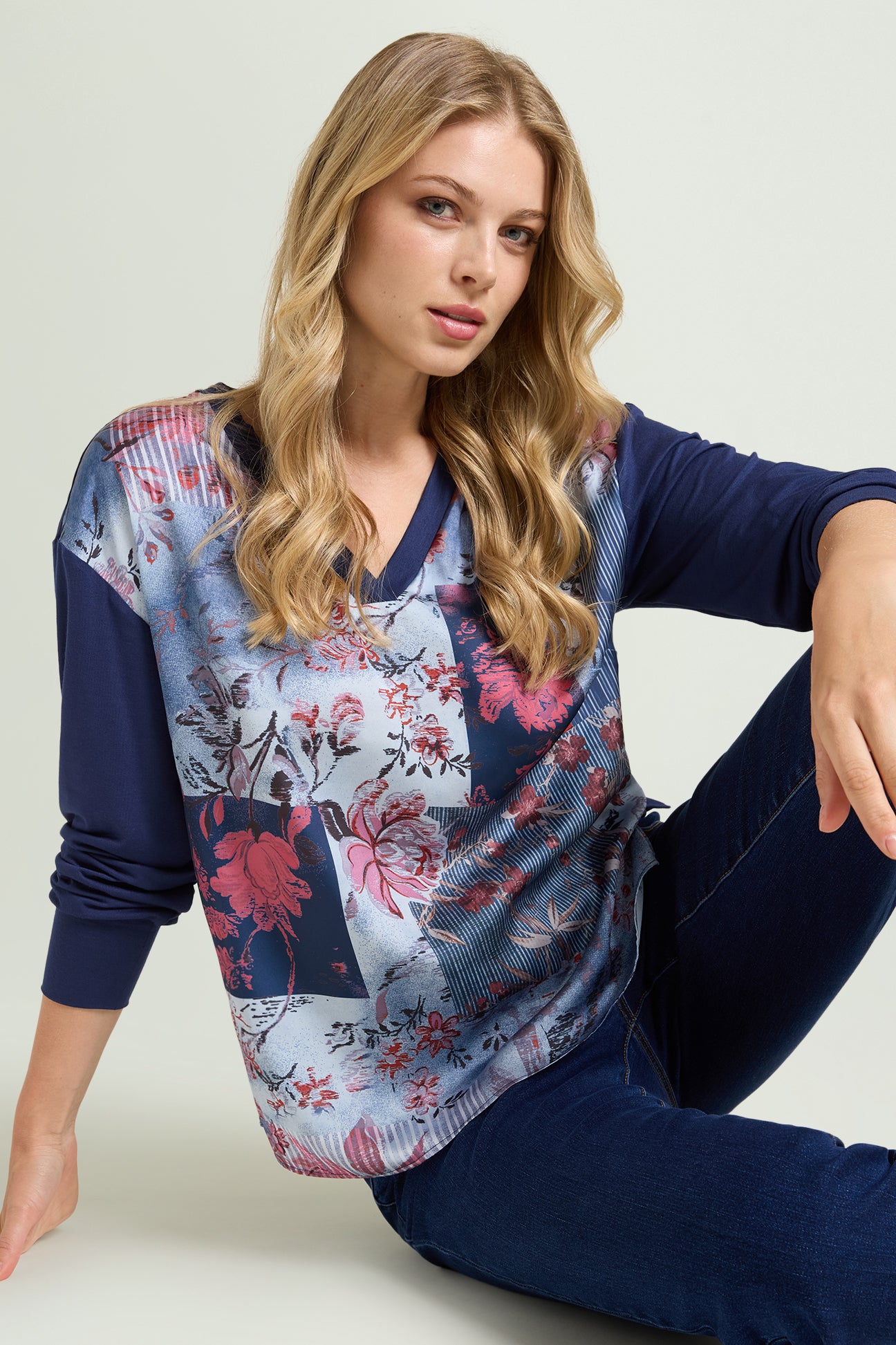 BLUSA IN JERSEY E SATIN STAMPATO