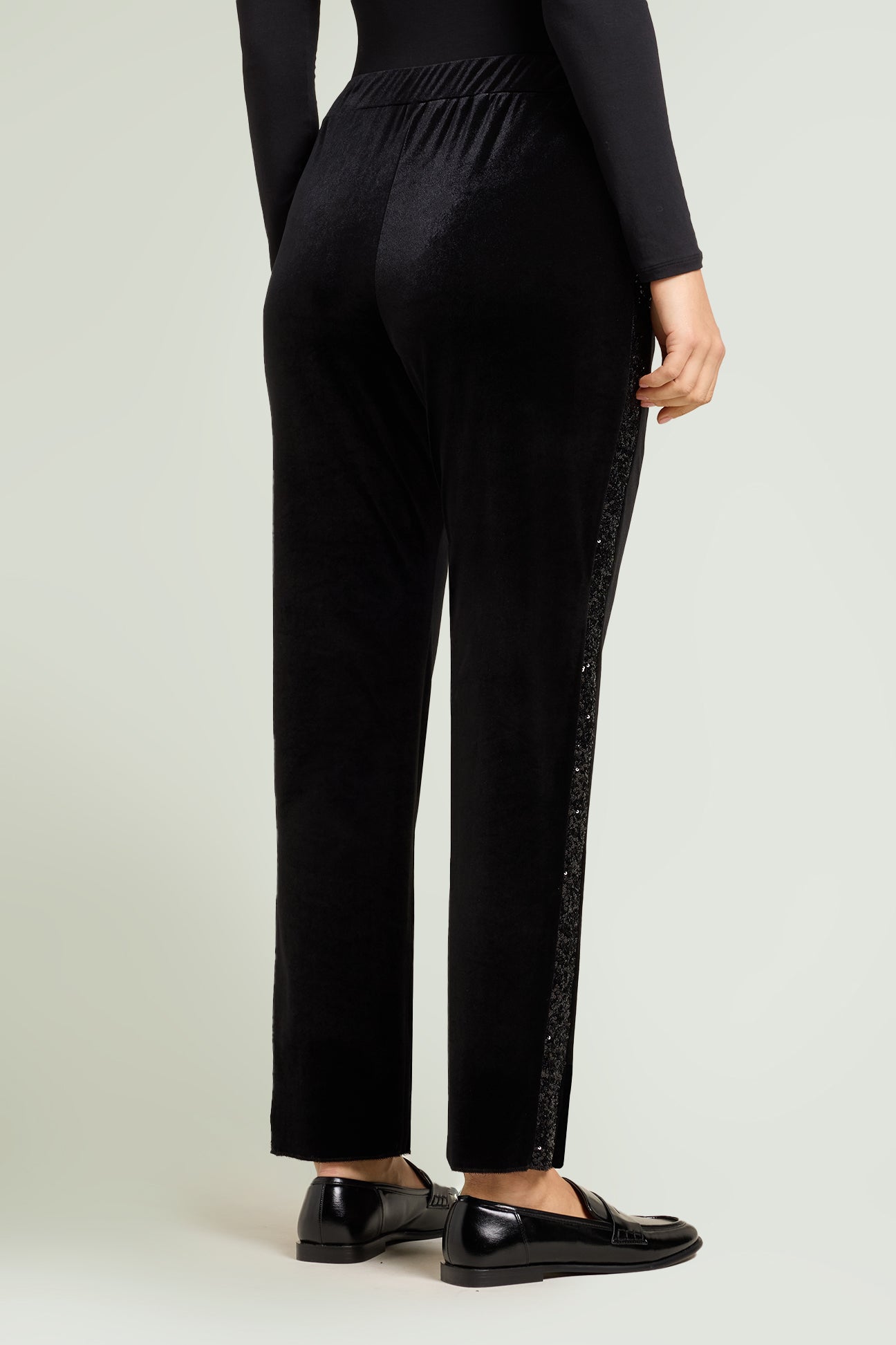 PANTALONI IN VELLUTO CON BANDE IN PAILLETTES