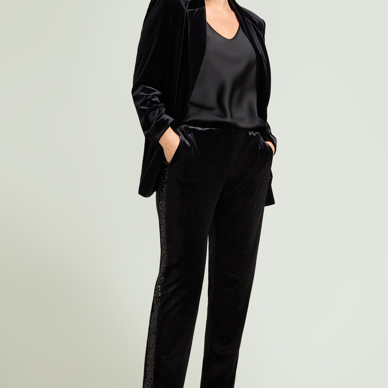 PANTALONI IN VELLUTO CON BANDE IN PAILLETTES