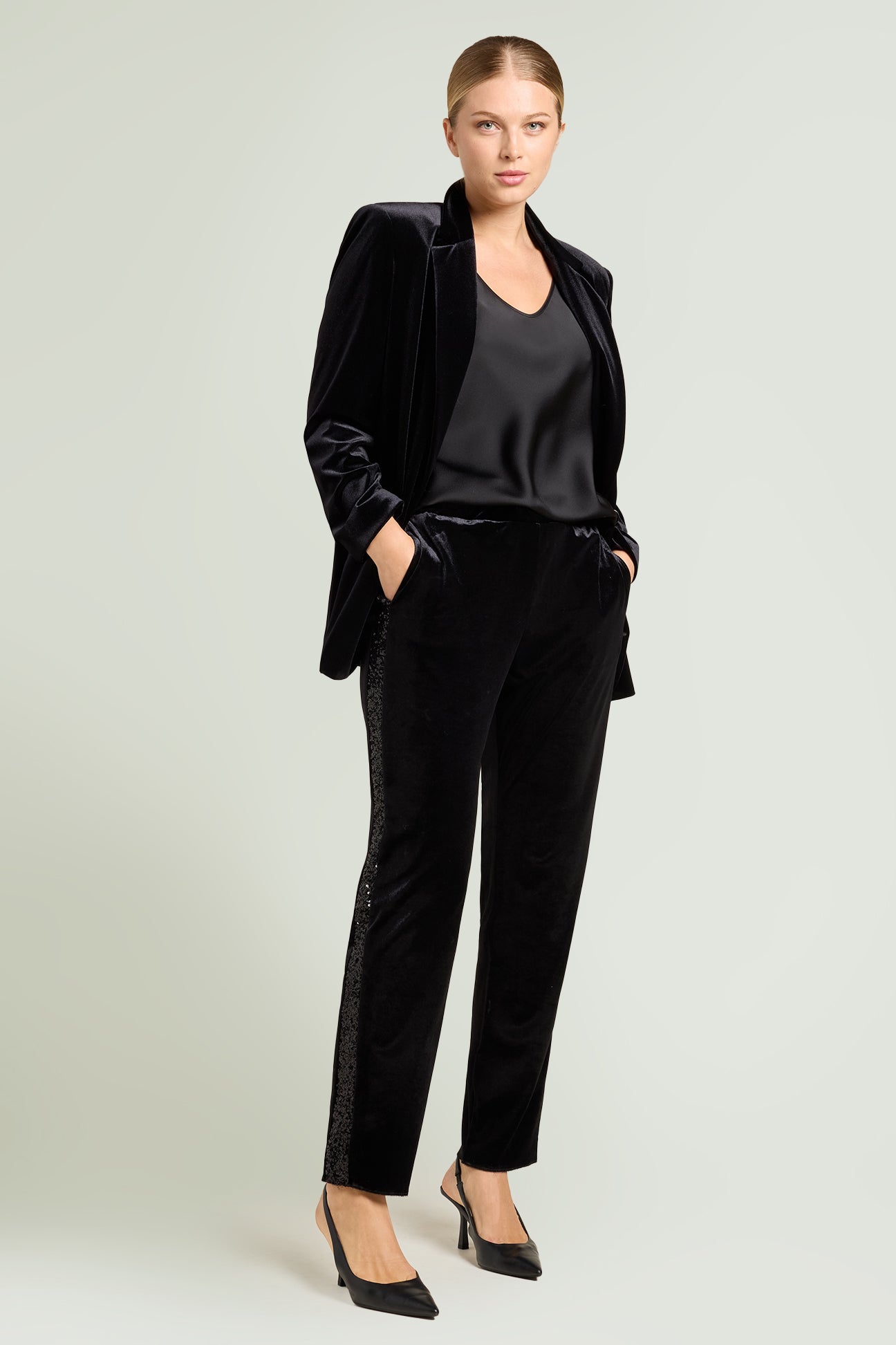 PANTALONI IN VELLUTO CON BANDE IN PAILLETTES