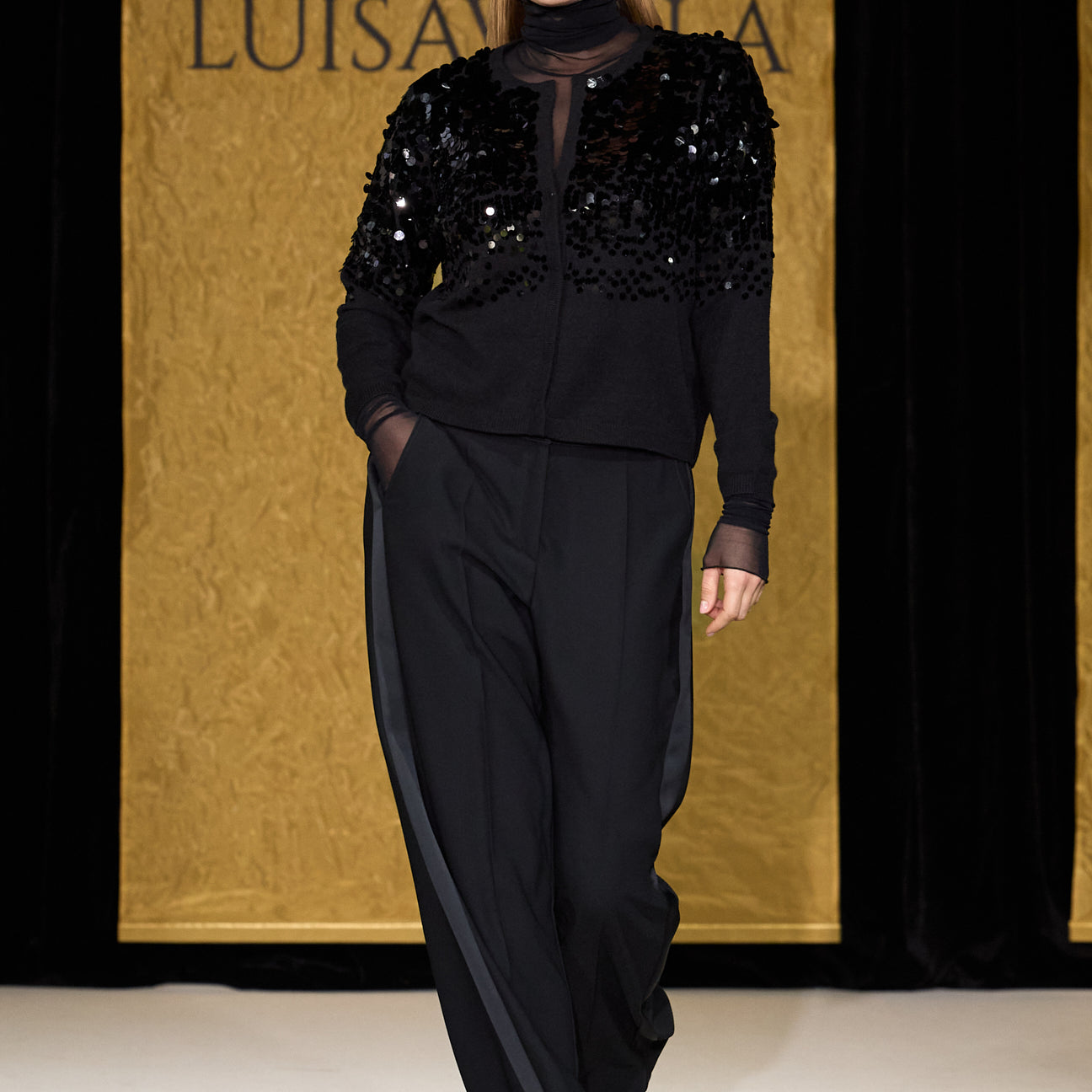 PANTALONI IN CADY CON BANDE IN RASO